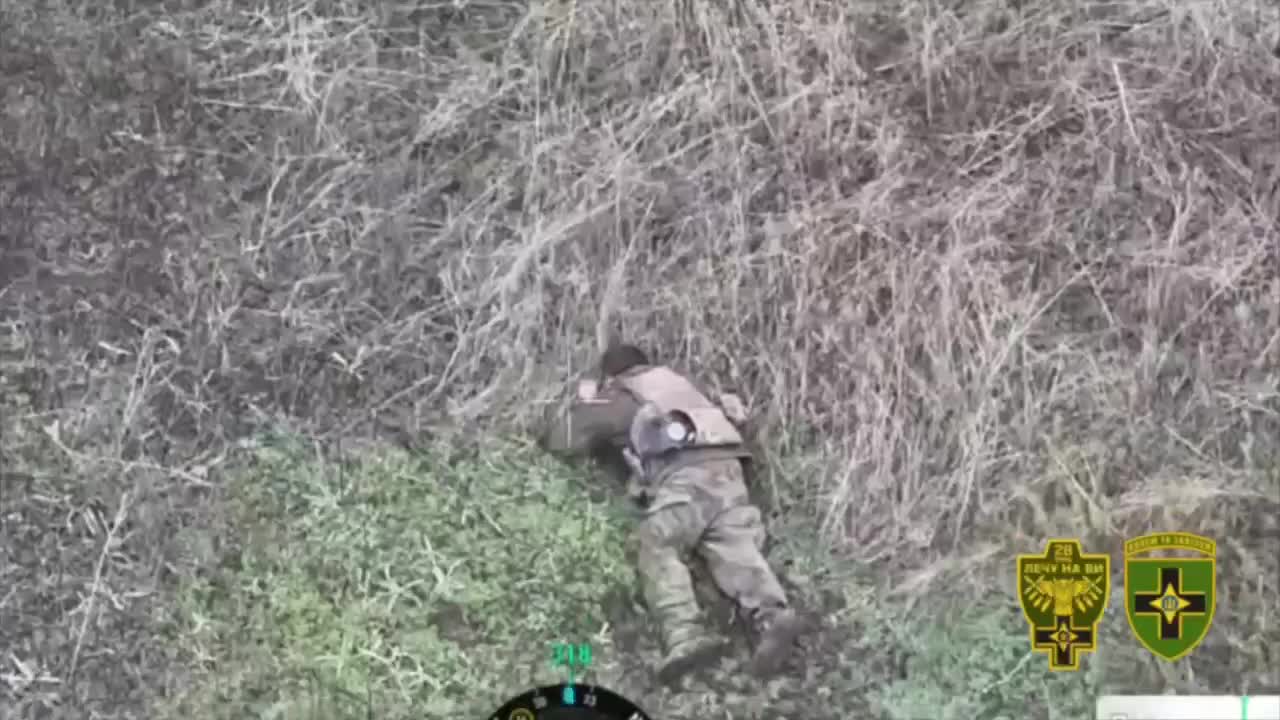 Blurred preview: FPV Strike on Russian Soldier 18+ — Warning: graphic footage. A Ukrainian FPV drone severely injured a Russian soldier on the Kostyantynivka axis. The episode shows the combat work of drone operators