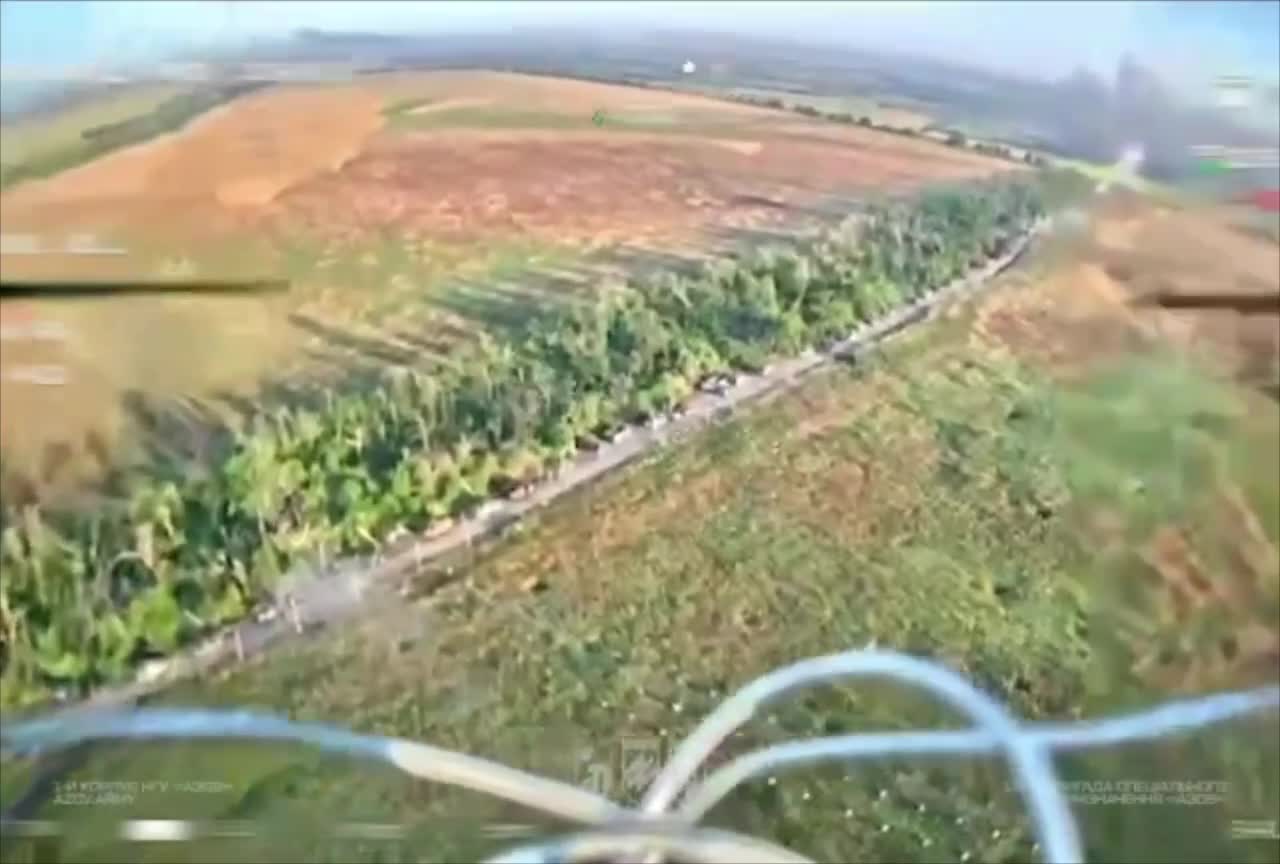 Video thumbnail: Ukrainian drones strike a large Russian military convoy near the frontline